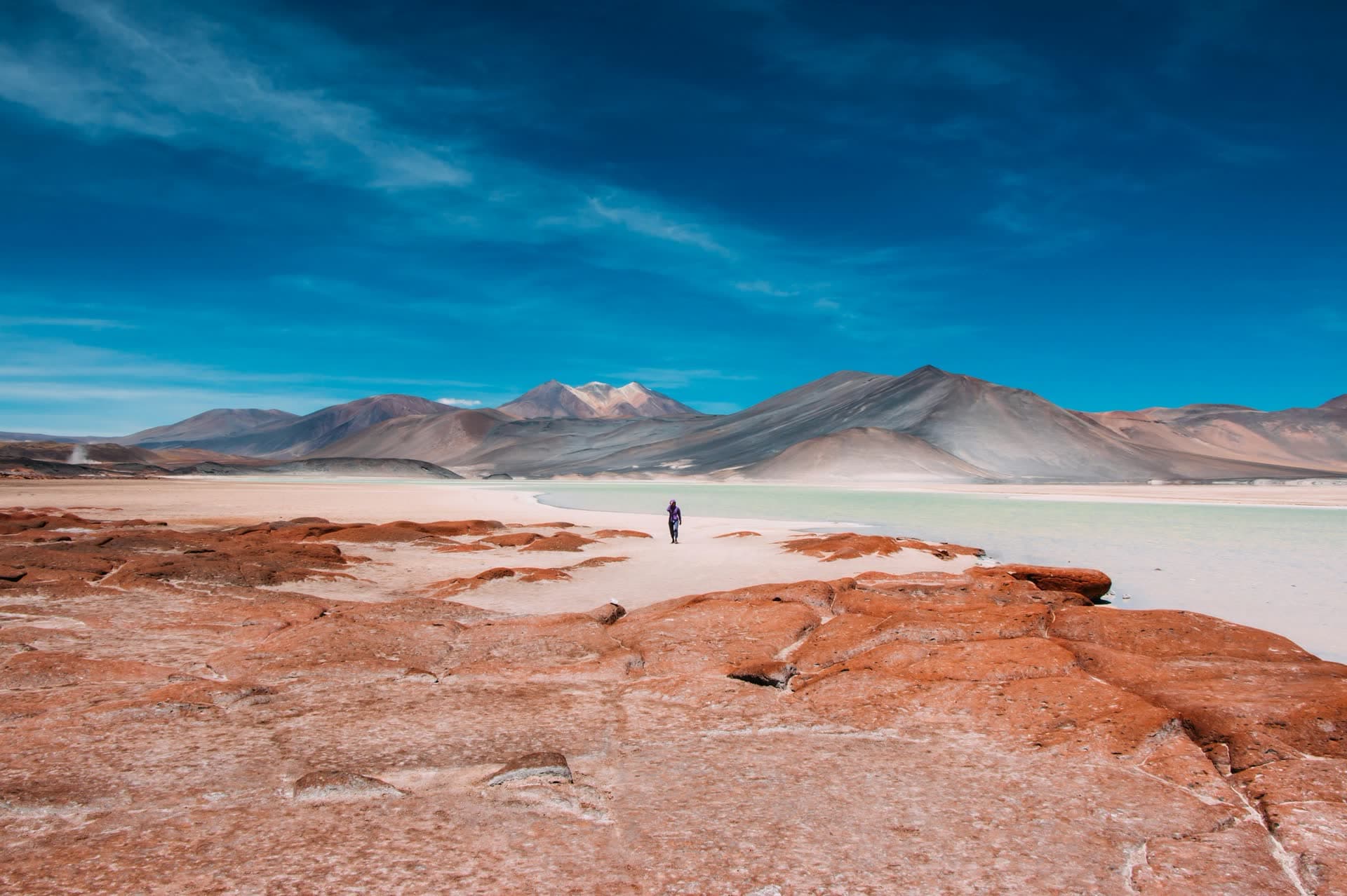 Lagune et terres rouges du désert d'Atacama, au Chili. Vivre au Chili : notre fiche expatriation.