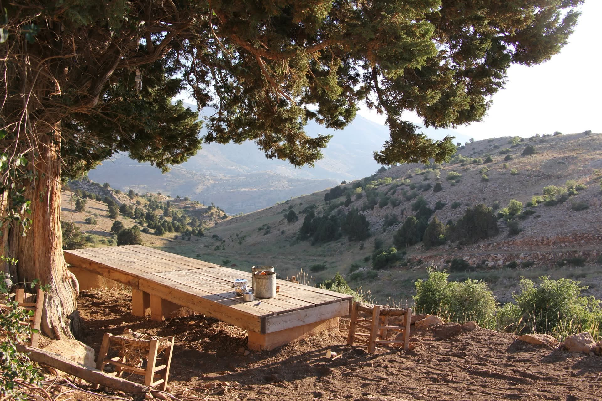Banc de pierre sous un arbre face aux montagnes libanaises