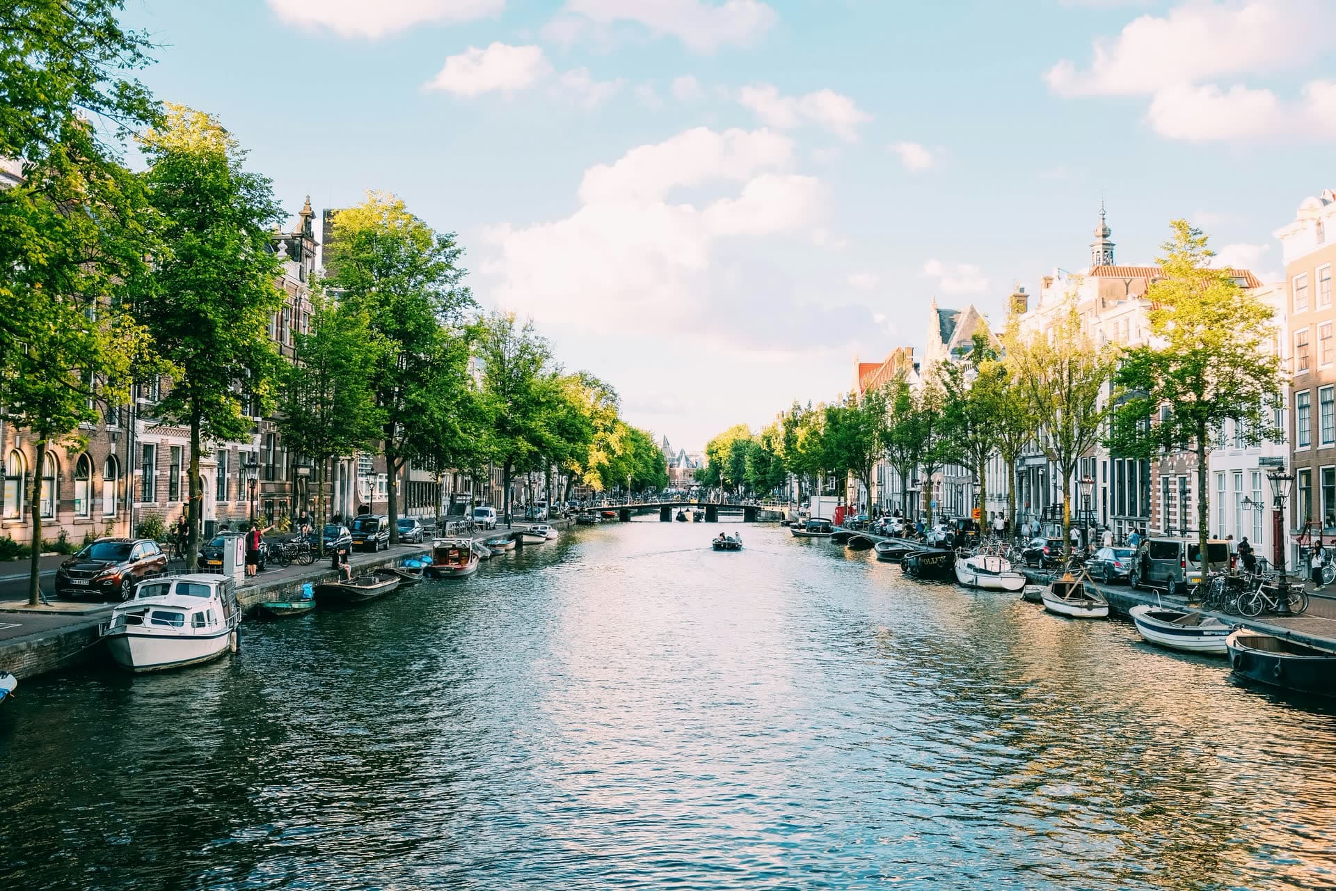 Canal d'Amsterdam bordé de barques et d'arbres, aux Pays-Bas