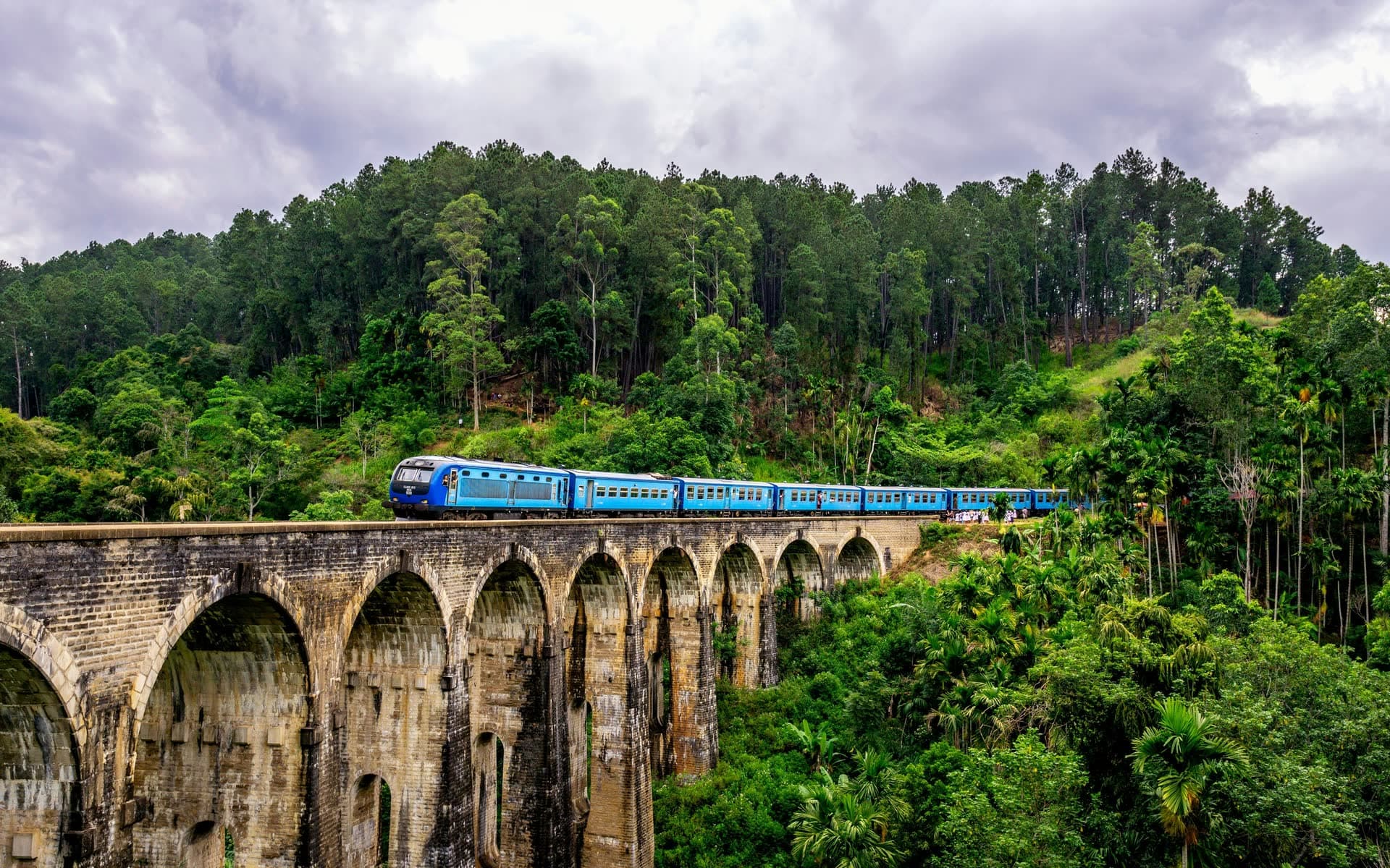Train traversant le pont des Neuf Arches dans la jungle, au Sri Lanka