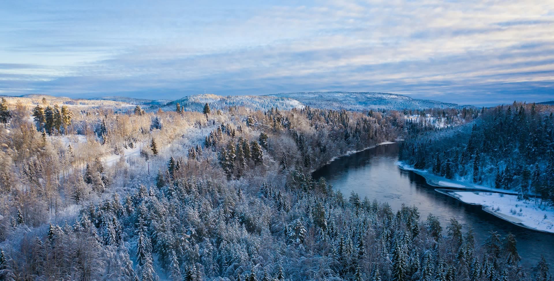 Forêt et rivière prises par le gel vues du ciel, en Suède